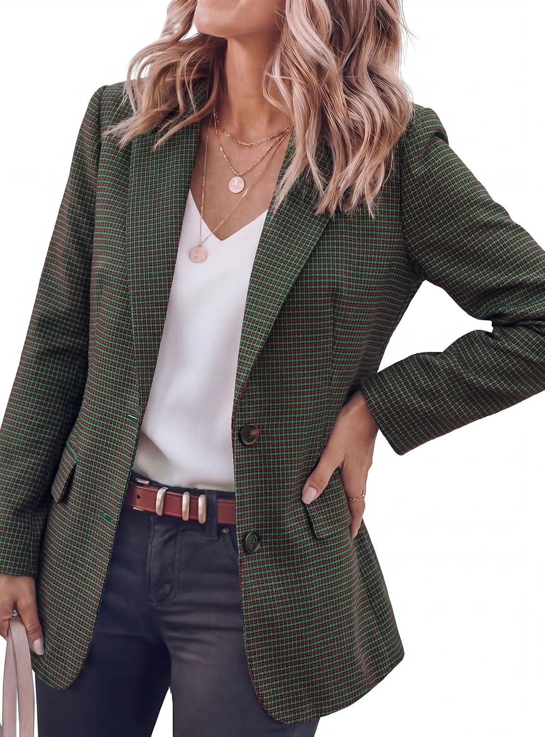 image:imagePRETTYGARDEN Fall Blazers for Women Business Casual Long Sleeve Plaid Houndstooth Notch Lapel Pockets Oversized Blazer Outerwear Trendy Suit Jackets 2026 Winter Work OutfitsPlaid Green