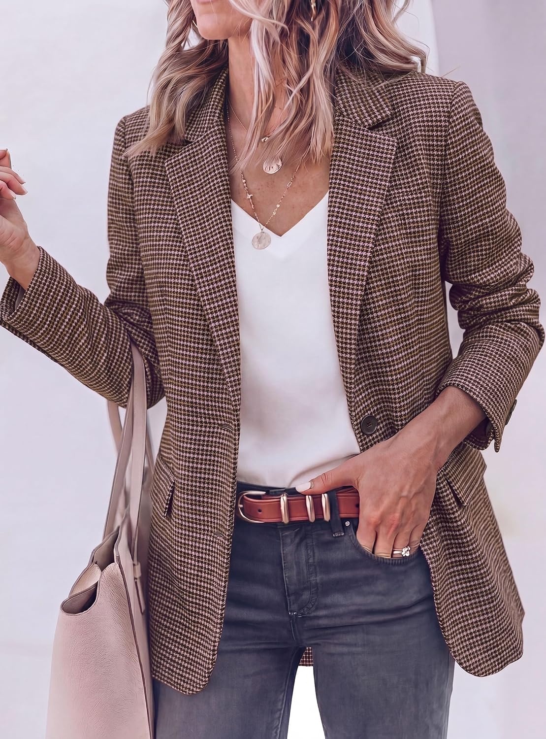 image:imagePRETTYGARDEN Fall Blazers for Women Business Casual Long Sleeve Plaid Houndstooth Notch Lapel Pockets Oversized Blazer Outerwear Trendy Suit Jackets 2026 Winter Work OutfitsPlaid Pink