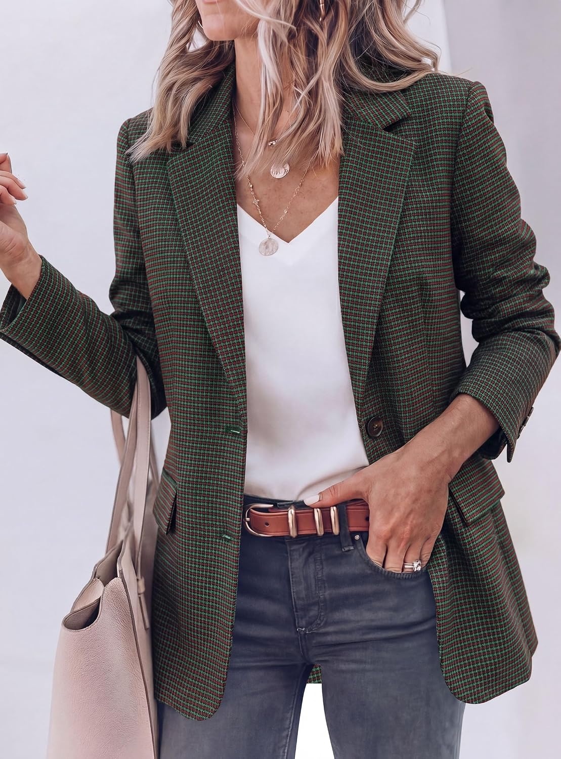 image:imagePRETTYGARDEN Fall Blazers for Women Business Casual Long Sleeve Plaid Houndstooth Notch Lapel Pockets Oversized Blazer Outerwear Trendy Suit Jackets 2026 Winter Work OutfitsPlaid Green