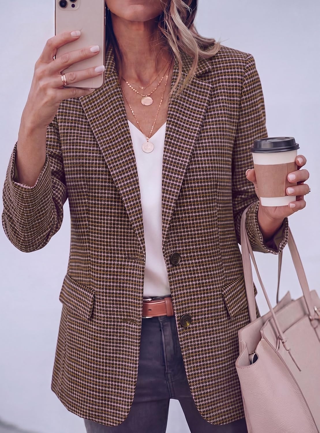 image:imagePRETTYGARDEN Fall Blazers for Women Business Casual Long Sleeve Plaid Houndstooth Notch Lapel Pockets Oversized Blazer Outerwear Trendy Suit Jackets 2026 Winter Work OutfitsPlaid Pink