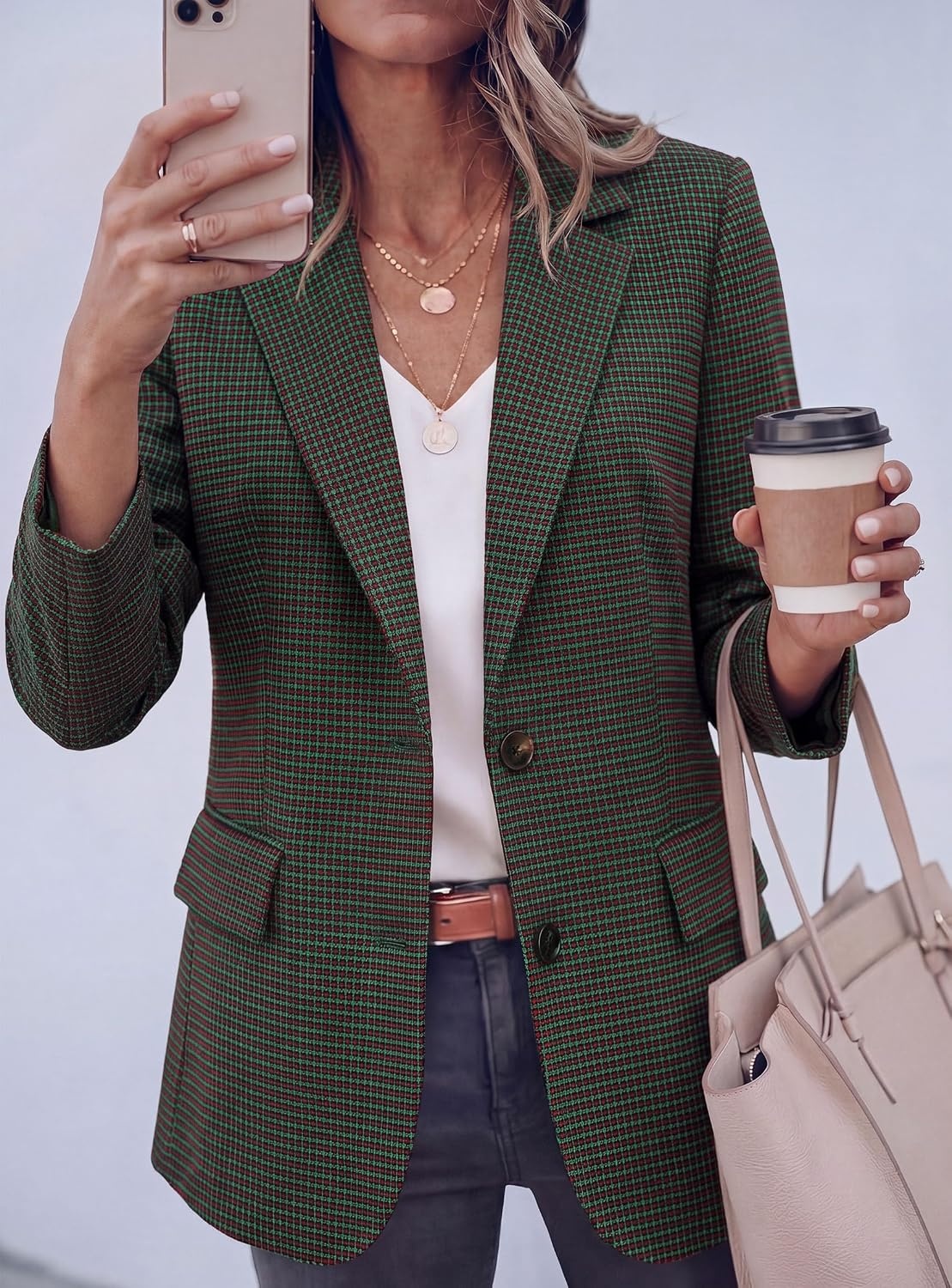 image:imagePRETTYGARDEN Fall Blazers for Women Business Casual Long Sleeve Plaid Houndstooth Notch Lapel Pockets Oversized Blazer Outerwear Trendy Suit Jackets 2026 Winter Work OutfitsPlaid Green