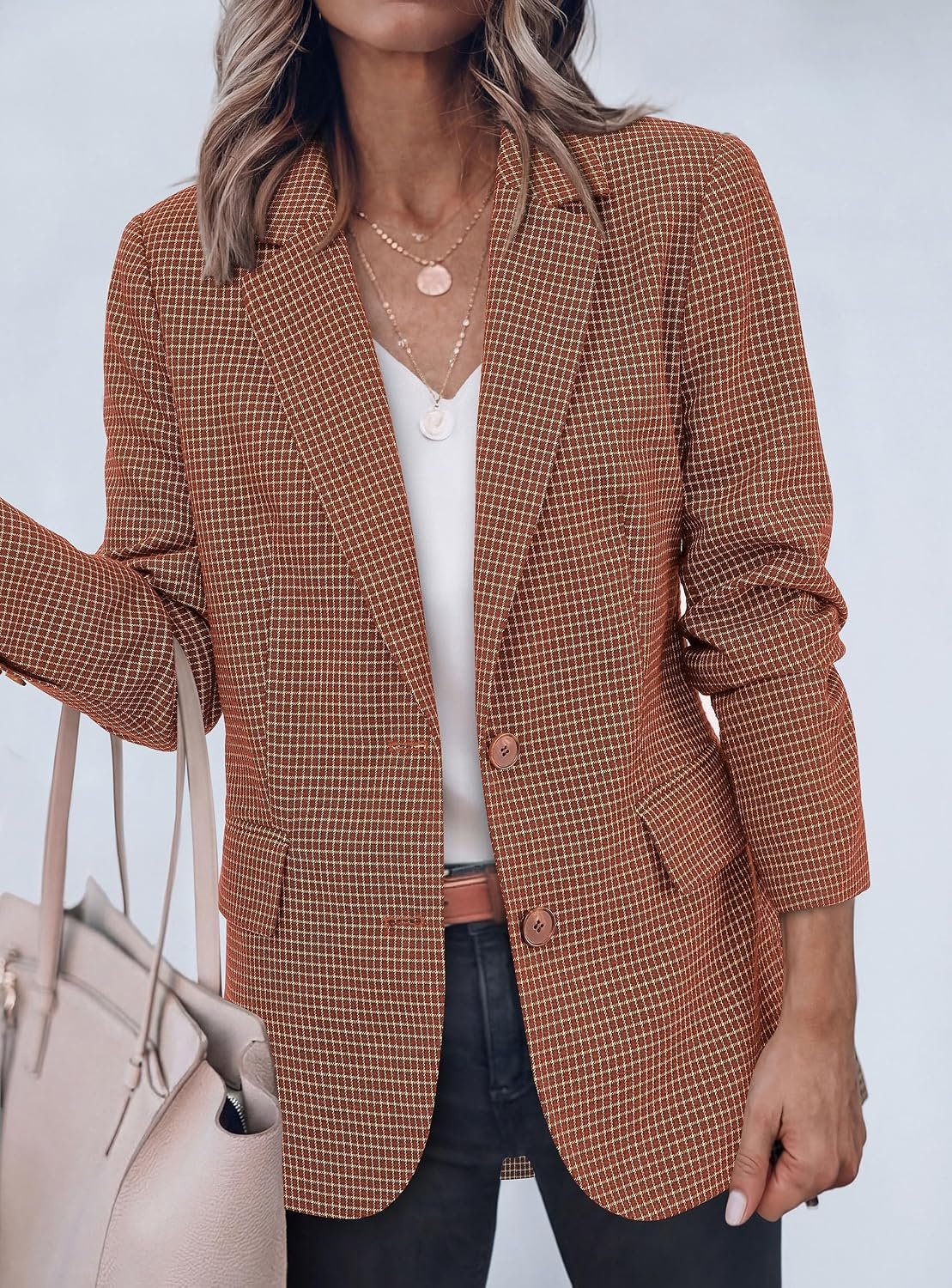 image:imagePRETTYGARDEN Fall Blazers for Women Business Casual Long Sleeve Plaid Houndstooth Notch Lapel Pockets Oversized Blazer Outerwear Trendy Suit Jackets 2026 Winter Work OutfitsPlaid Caramel