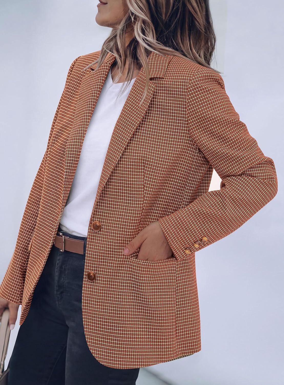 image:imagePRETTYGARDEN Fall Blazers for Women Business Casual Long Sleeve Plaid Houndstooth Notch Lapel Pockets Oversized Blazer Outerwear Trendy Suit Jackets 2026 Winter Work OutfitsPlaid Caramel