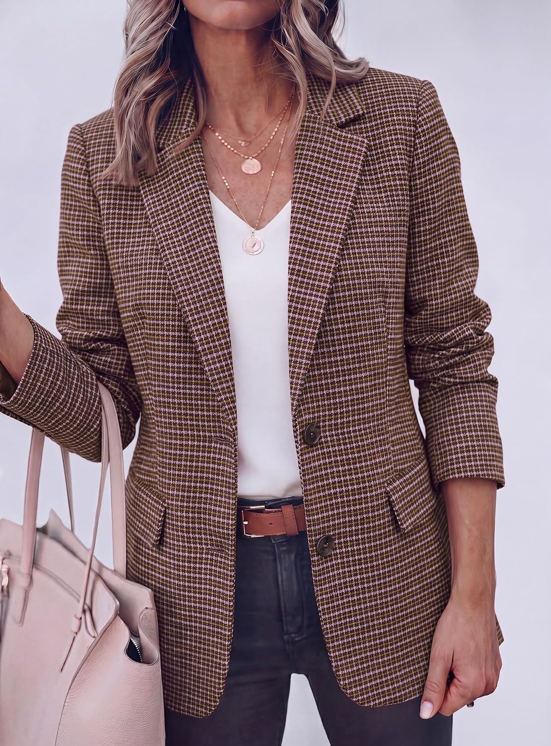 image:imagePRETTYGARDEN Fall Blazers for Women Business Casual Long Sleeve Plaid Houndstooth Notch Lapel Pockets Oversized Blazer Outerwear Trendy Suit Jackets 2026 Winter Work OutfitsPlaid Pink