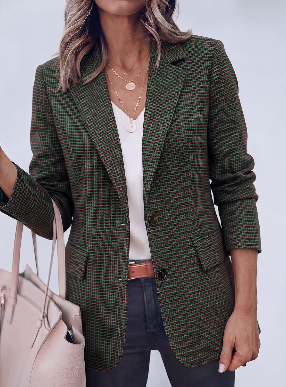 image:imagePRETTYGARDEN Fall Blazers for Women Business Casual Long Sleeve Plaid Houndstooth Notch Lapel Pockets Oversized Blazer Outerwear Trendy Suit Jackets 2026 Winter Work OutfitsPlaid Green