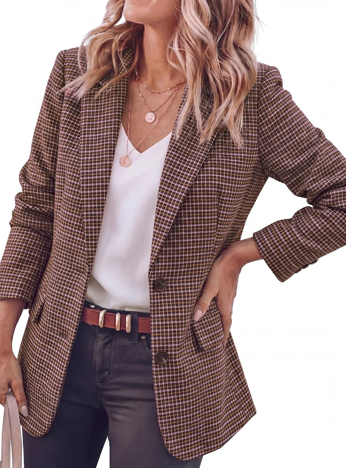 image:imagePRETTYGARDEN Fall Blazers for Women Business Casual Long Sleeve Plaid Houndstooth Notch Lapel Pockets Oversized Blazer Outerwear Trendy Suit Jackets 2026 Winter Work OutfitsPlaid Pink
