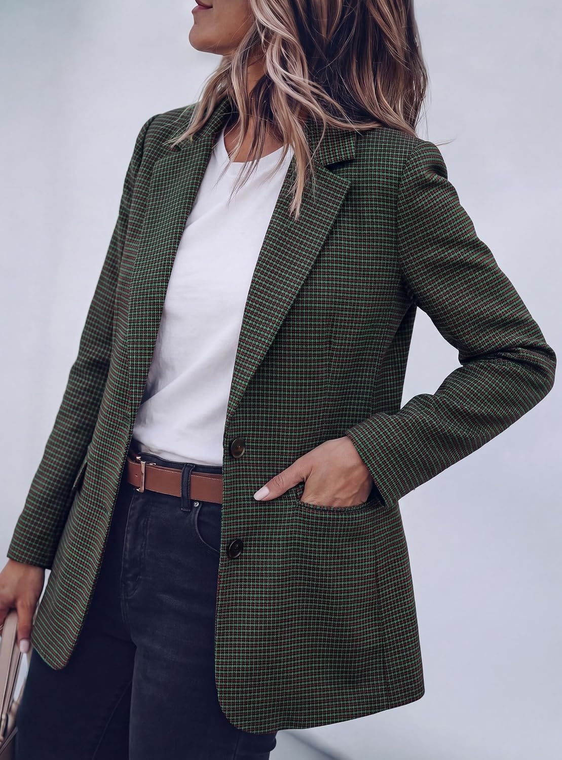 image:imagePRETTYGARDEN Fall Blazers for Women Business Casual Long Sleeve Plaid Houndstooth Notch Lapel Pockets Oversized Blazer Outerwear Trendy Suit Jackets 2026 Winter Work OutfitsPlaid Green