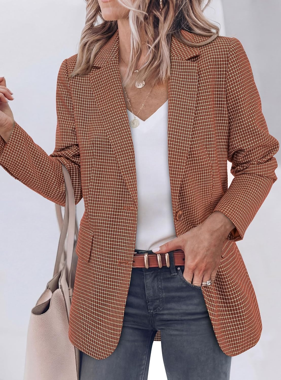 image:imagePRETTYGARDEN Fall Blazers for Women Business Casual Long Sleeve Plaid Houndstooth Notch Lapel Pockets Oversized Blazer Outerwear Trendy Suit Jackets 2026 Winter Work OutfitsPlaid Caramel