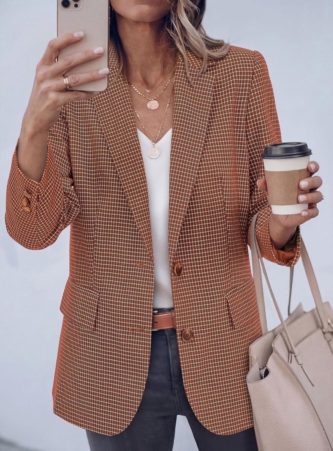 image:imagePRETTYGARDEN Fall Blazers for Women Business Casual Long Sleeve Plaid Houndstooth Notch Lapel Pockets Oversized Blazer Outerwear Trendy Suit Jackets 2026 Winter Work OutfitsPlaid Caramel