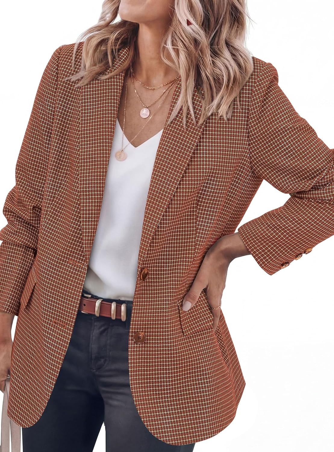 image:imagePRETTYGARDEN Fall Blazers for Women Business Casual Long Sleeve Plaid Houndstooth Notch Lapel Pockets Oversized Blazer Outerwear Trendy Suit Jackets 2026 Winter Work OutfitsPlaid Caramel