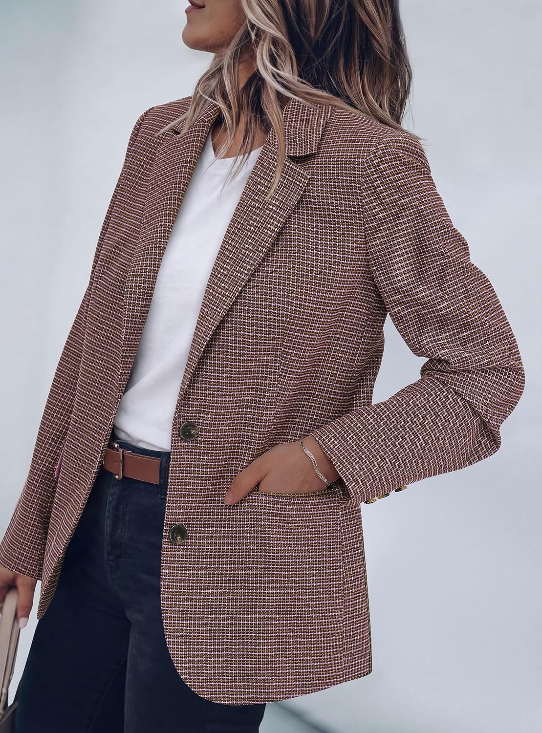 image:imagePRETTYGARDEN Fall Blazers for Women Business Casual Long Sleeve Plaid Houndstooth Notch Lapel Pockets Oversized Blazer Outerwear Trendy Suit Jackets 2026 Winter Work OutfitsPlaid Pink