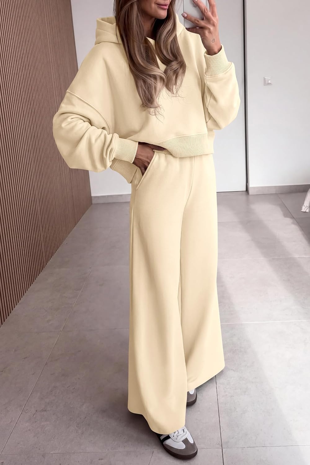 image:imagePRETTYGARDEN Women 2 Piece Hoodies Sweatpants Sweatsuits Long Sleeve Oversized Hooded Sweatshirts Cotton Wide Leg Sweatpant With Pockets Fall Workout Sets Holiday Travel OutfitsBeige