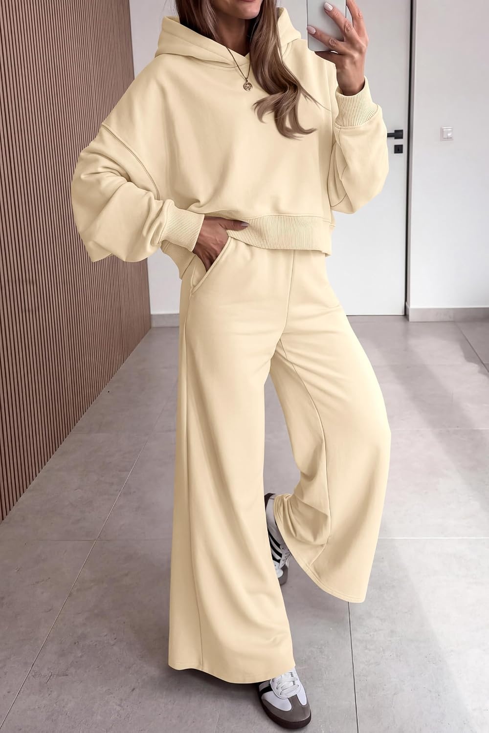 image:imagePRETTYGARDEN Women 2 Piece Hoodies Sweatpants Sweatsuits Long Sleeve Oversized Hooded Sweatshirts Cotton Wide Leg Sweatpant With Pockets Fall Workout Sets Holiday Travel OutfitsBeige