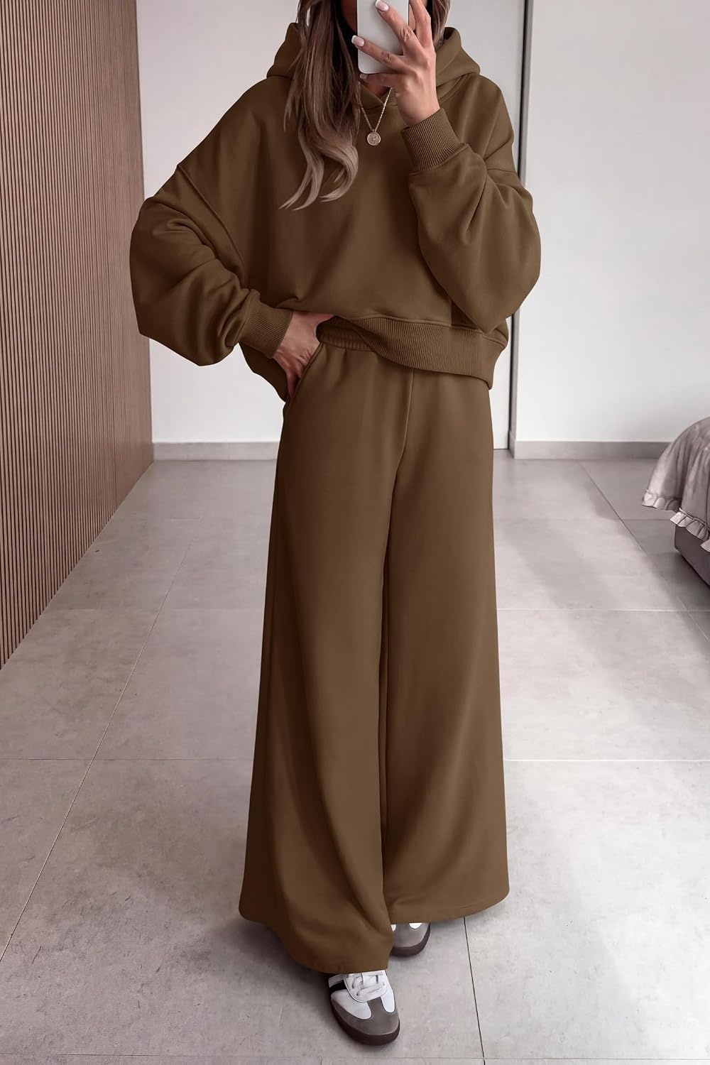 image:imagePRETTYGARDEN Women 2 Piece Hoodies Sweatpants Sweatsuits Long Sleeve Oversized Hooded Sweatshirts Cotton Wide Leg Sweatpant With Pockets Fall Workout Sets Holiday Travel OutfitsBrown