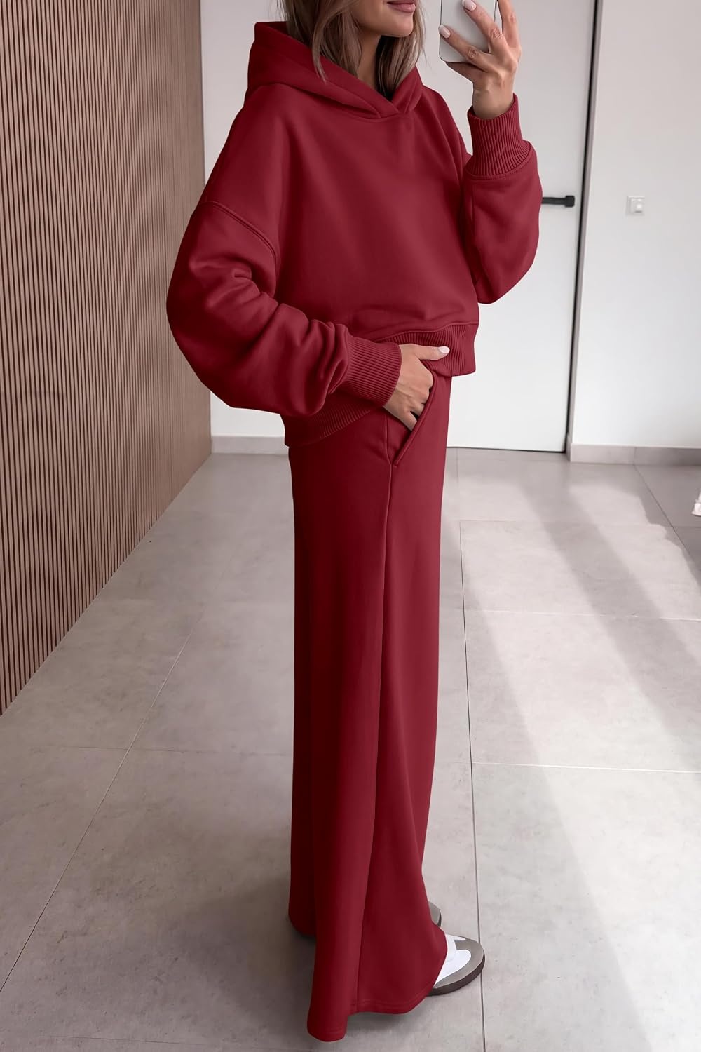 image:imagePRETTYGARDEN Women 2 Piece Hoodies Sweatpants Sweatsuits Long Sleeve Oversized Hooded Sweatshirts Cotton Wide Leg Sweatpant With Pockets Fall Workout Sets Holiday Travel OutfitsBurgundy