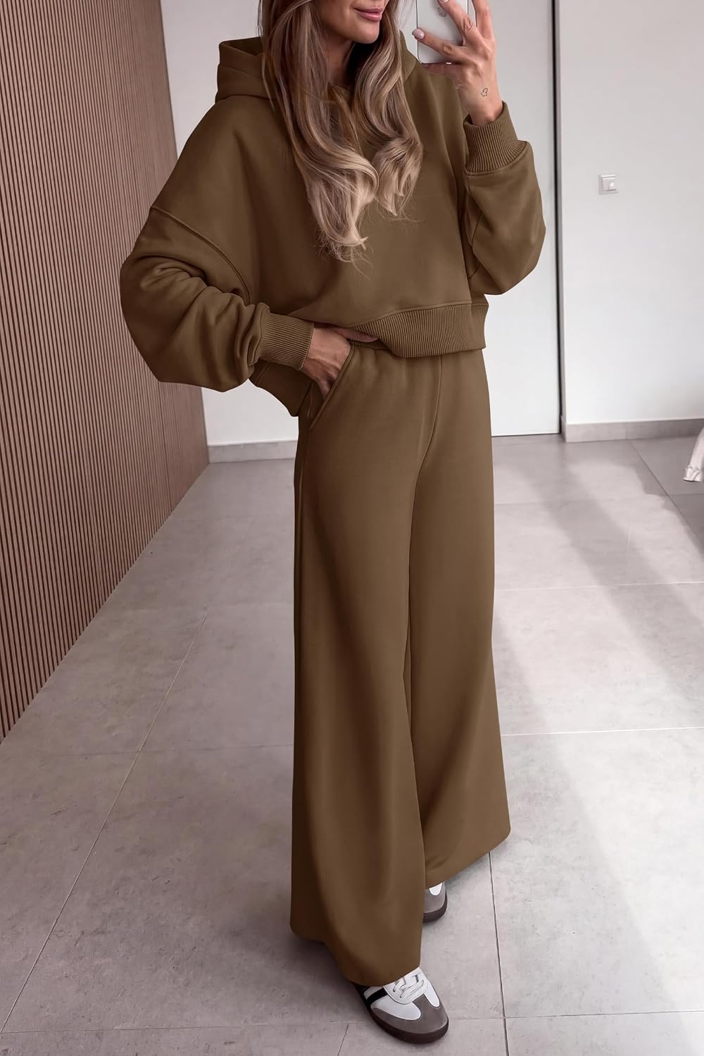 image:imagePRETTYGARDEN Women 2 Piece Hoodies Sweatpants Sweatsuits Long Sleeve Oversized Hooded Sweatshirts Cotton Wide Leg Sweatpant With Pockets Fall Workout Sets Holiday Travel OutfitsBrown