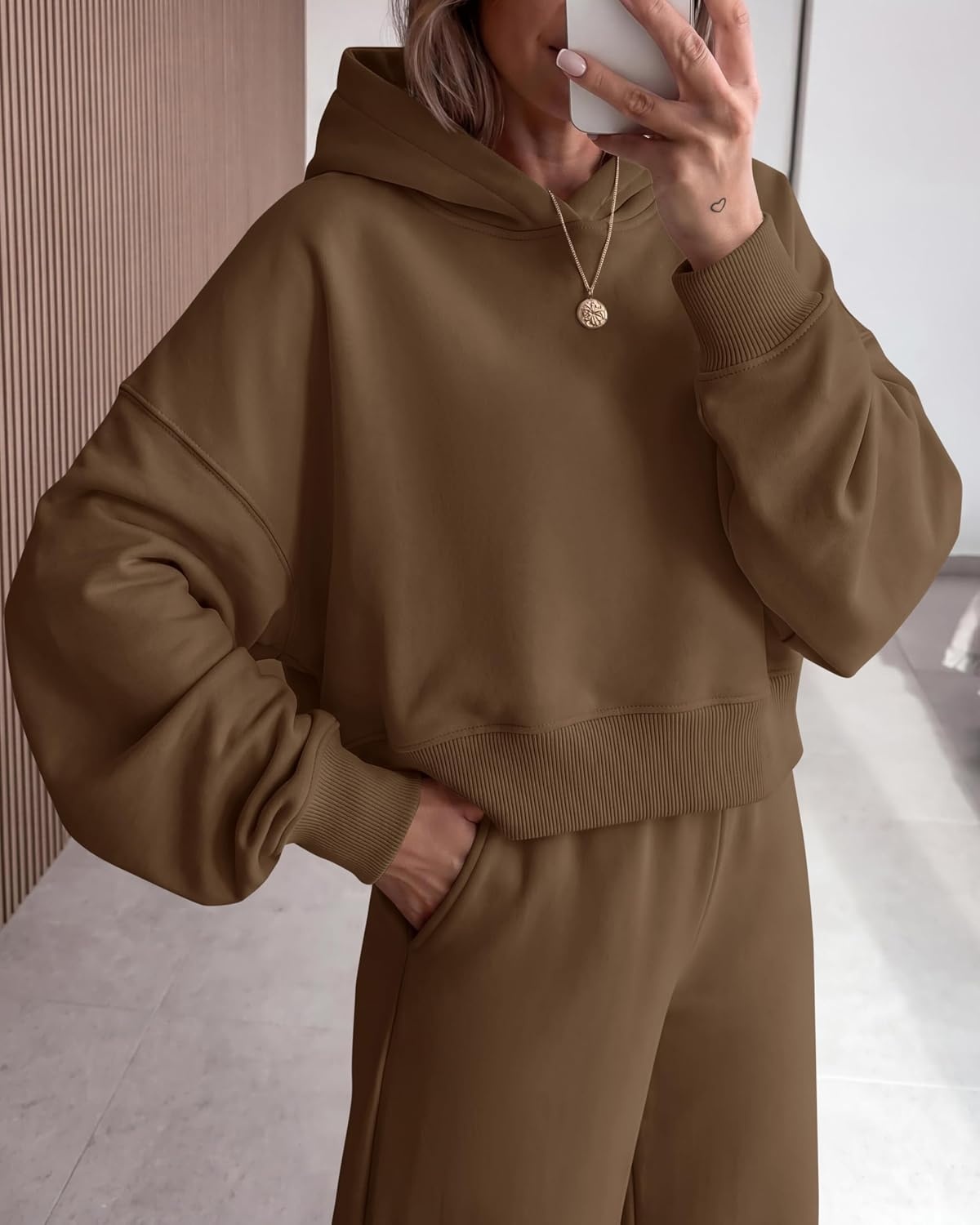 image:imagePRETTYGARDEN Women 2 Piece Hoodies Sweatpants Sweatsuits Long Sleeve Oversized Hooded Sweatshirts Cotton Wide Leg Sweatpant With Pockets Fall Workout Sets Holiday Travel OutfitsBrown