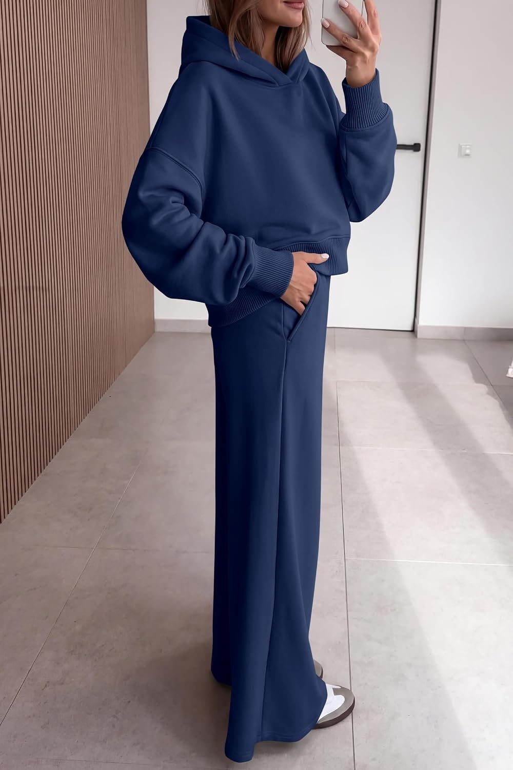 image:imagePRETTYGARDEN Women 2 Piece Hoodies Sweatpants Sweatsuits Long Sleeve Oversized Hooded Sweatshirts Cotton Wide Leg Sweatpant With Pockets Fall Workout Sets Holiday Travel OutfitsNavy Blue
