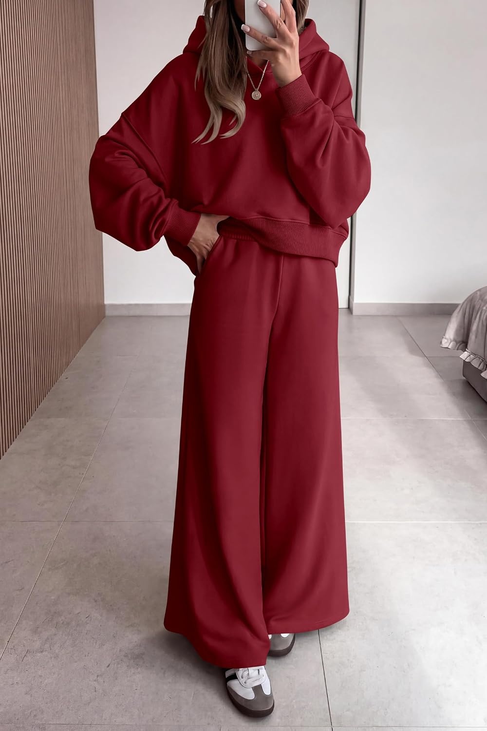 image:imagePRETTYGARDEN Women 2 Piece Hoodies Sweatpants Sweatsuits Long Sleeve Oversized Hooded Sweatshirts Cotton Wide Leg Sweatpant With Pockets Fall Workout Sets Holiday Travel OutfitsBurgundy