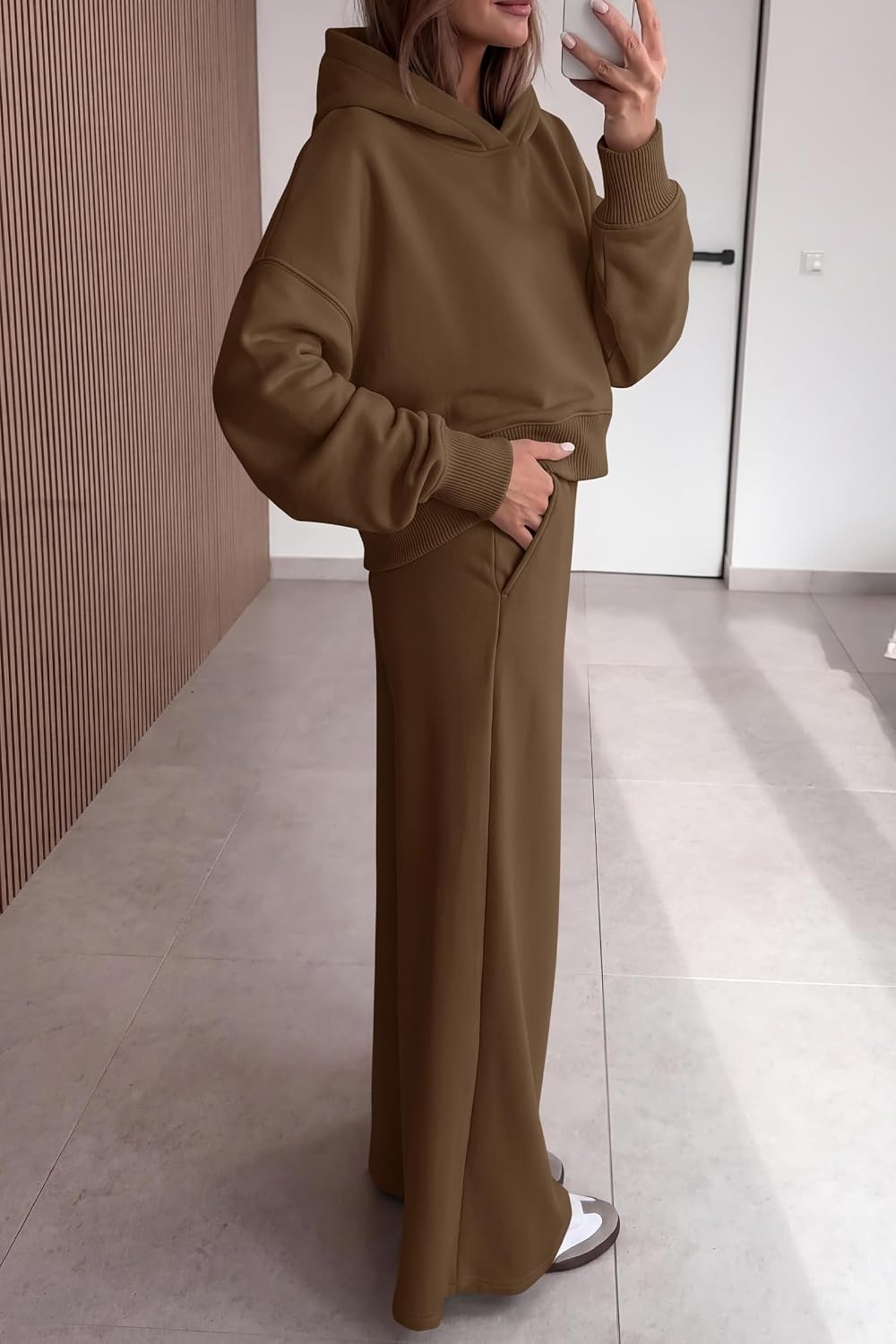 image:imagePRETTYGARDEN Women 2 Piece Hoodies Sweatpants Sweatsuits Long Sleeve Oversized Hooded Sweatshirts Cotton Wide Leg Sweatpant With Pockets Fall Workout Sets Holiday Travel OutfitsBrown