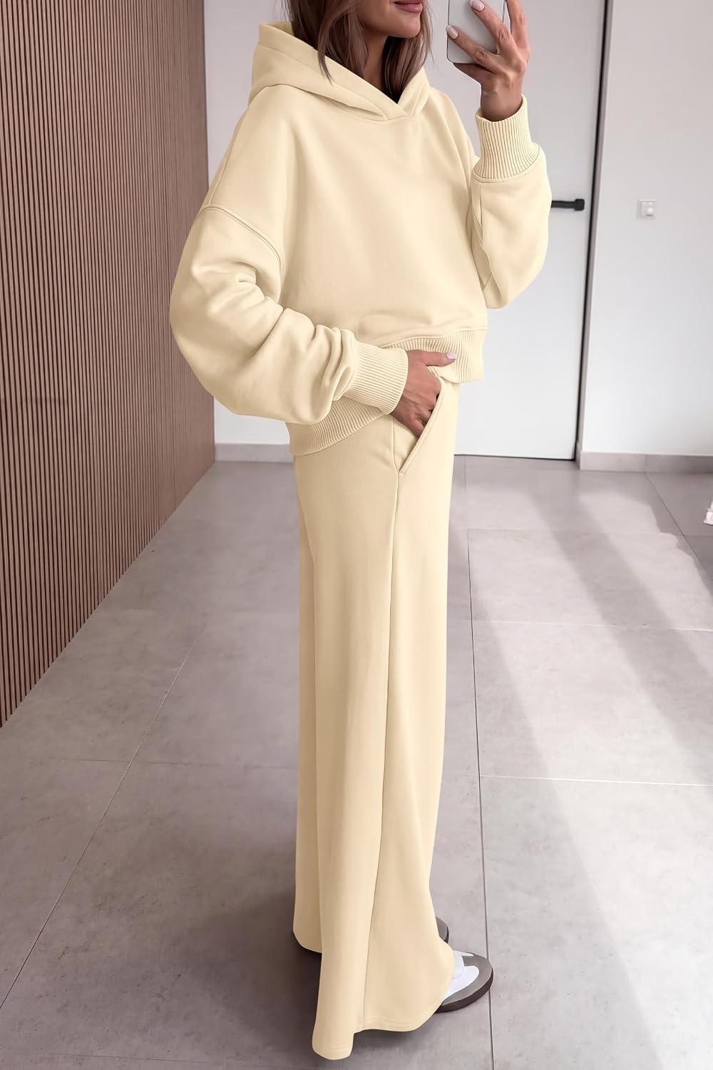 image:imagePRETTYGARDEN Women 2 Piece Hoodies Sweatpants Sweatsuits Long Sleeve Oversized Hooded Sweatshirts Cotton Wide Leg Sweatpant With Pockets Fall Workout Sets Holiday Travel OutfitsBeige