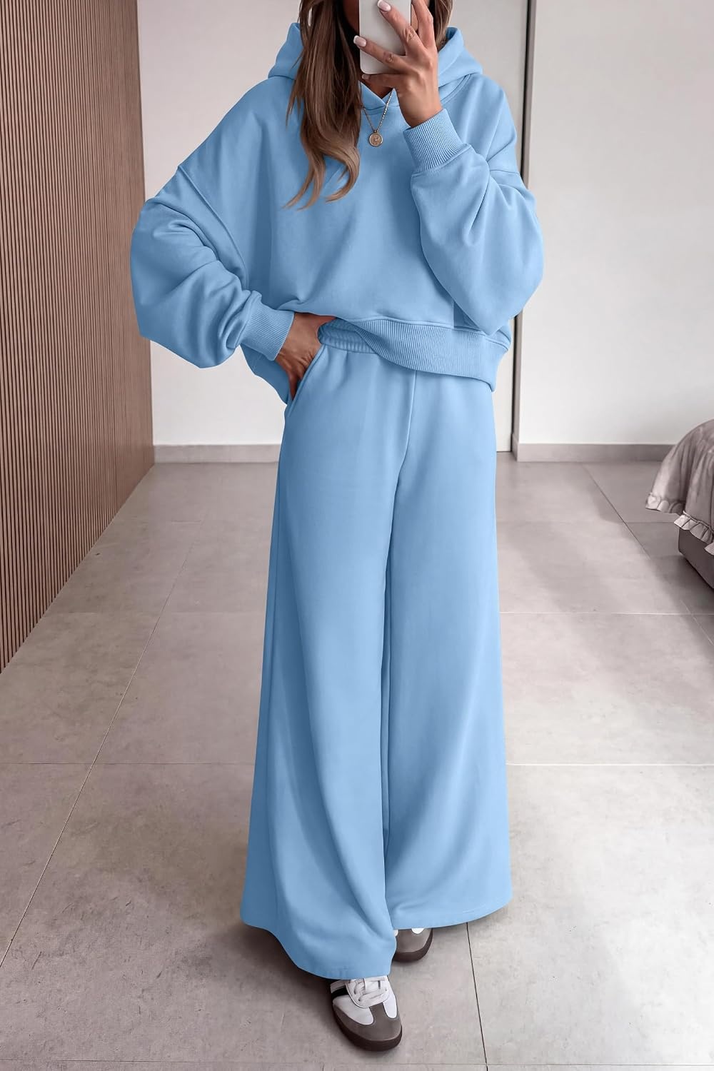 image:imagePRETTYGARDEN Women 2 Piece Hoodies Sweatpants Sweatsuits Long Sleeve Oversized Hooded Sweatshirts Cotton Wide Leg Sweatpant With Pockets Fall Workout Sets Holiday Travel OutfitsLight Blue