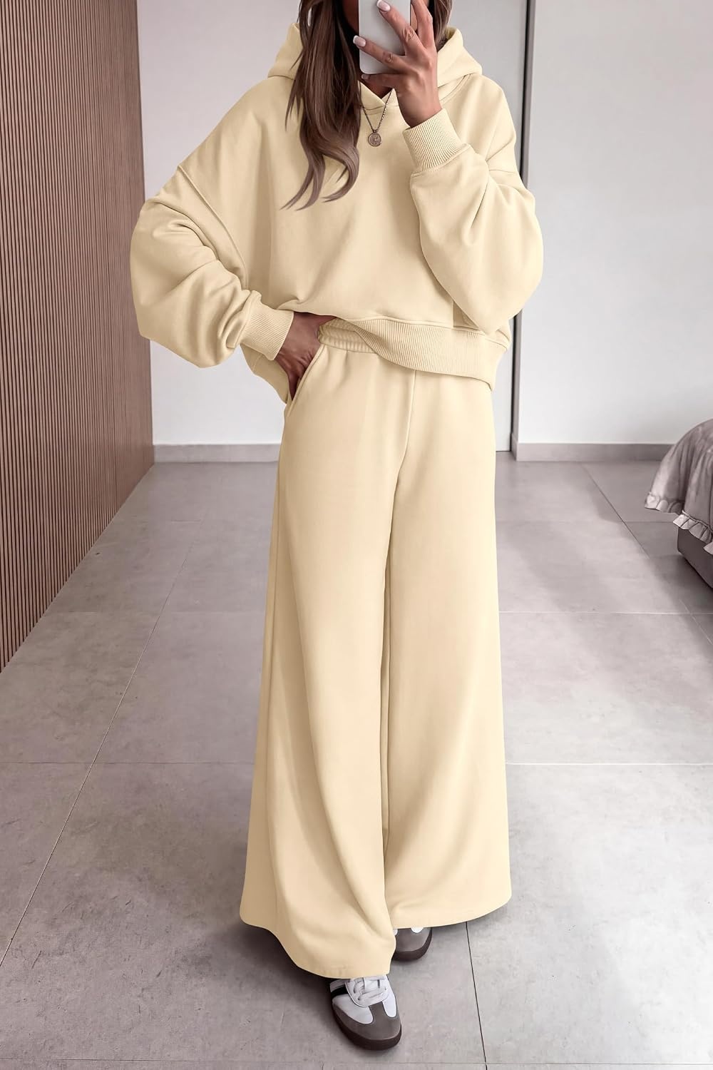 image:imagePRETTYGARDEN Women 2 Piece Hoodies Sweatpants Sweatsuits Long Sleeve Oversized Hooded Sweatshirts Cotton Wide Leg Sweatpant With Pockets Fall Workout Sets Holiday Travel OutfitsBeige