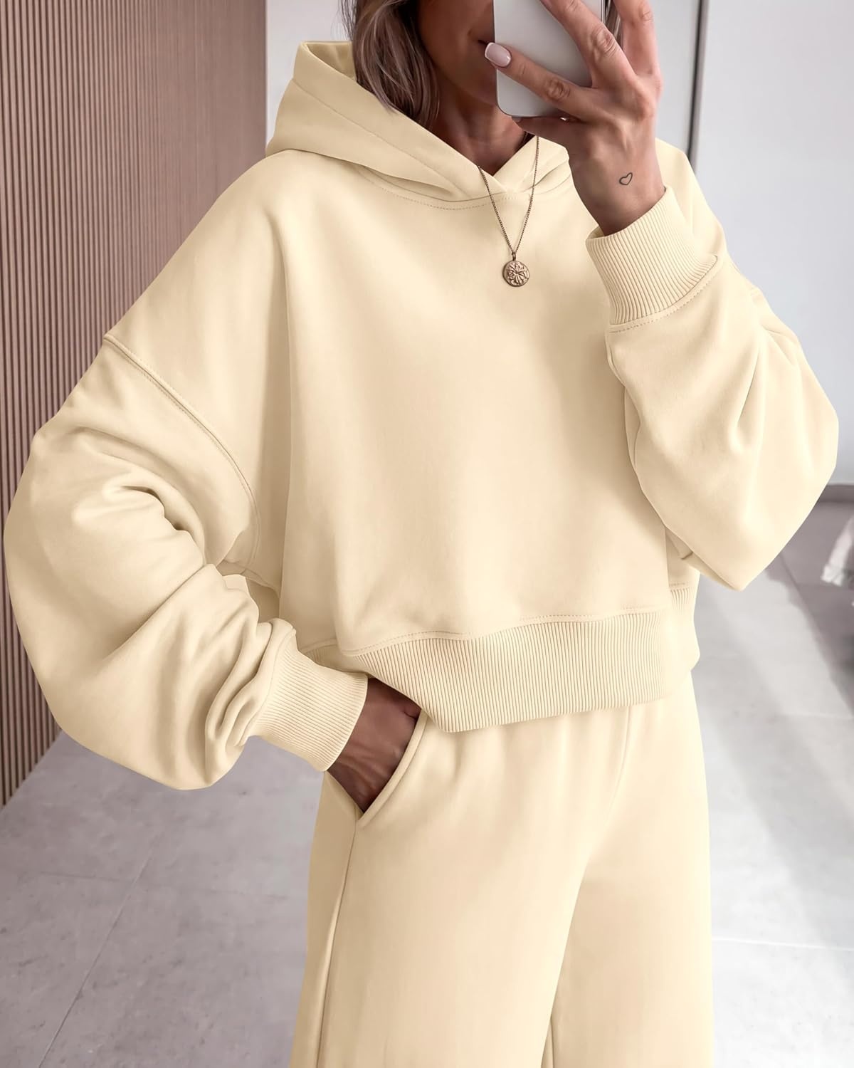 image:imagePRETTYGARDEN Women 2 Piece Hoodies Sweatpants Sweatsuits Long Sleeve Oversized Hooded Sweatshirts Cotton Wide Leg Sweatpant With Pockets Fall Workout Sets Holiday Travel OutfitsBeige