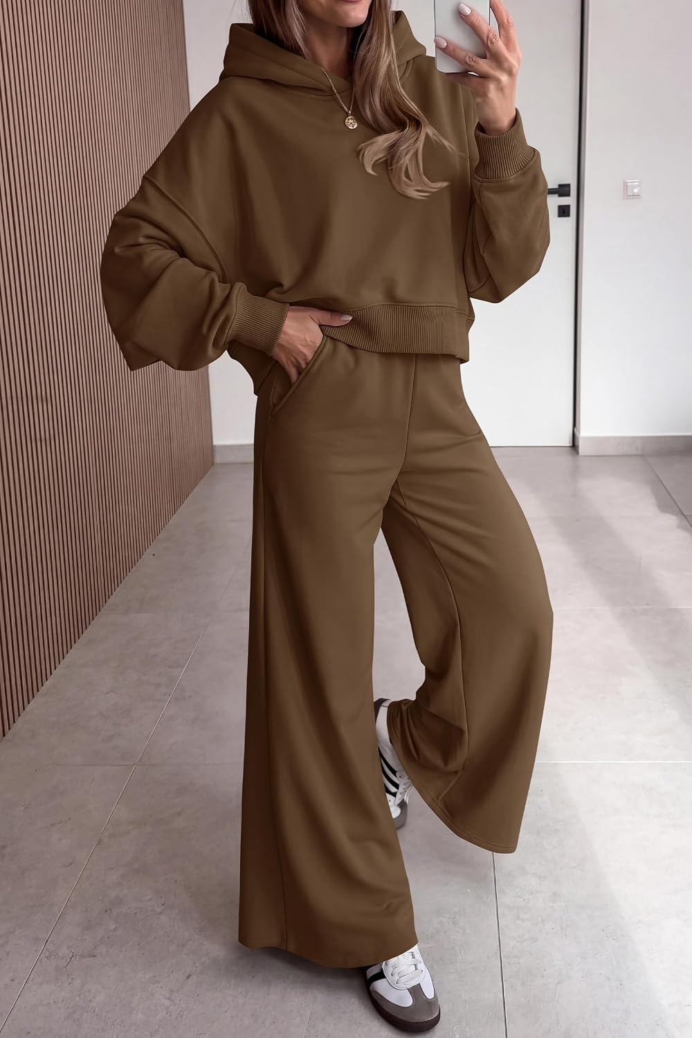image:imagePRETTYGARDEN Women 2 Piece Hoodies Sweatpants Sweatsuits Long Sleeve Oversized Hooded Sweatshirts Cotton Wide Leg Sweatpant With Pockets Fall Workout Sets Holiday Travel OutfitsBrown