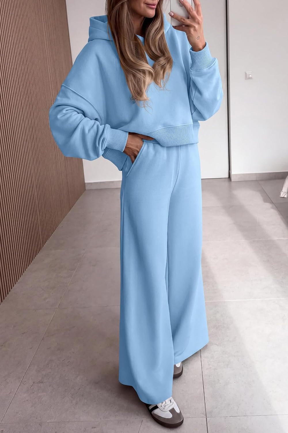 image:imagePRETTYGARDEN Women 2 Piece Hoodies Sweatpants Sweatsuits Long Sleeve Oversized Hooded Sweatshirts Cotton Wide Leg Sweatpant With Pockets Fall Workout Sets Holiday Travel OutfitsLight Blue
