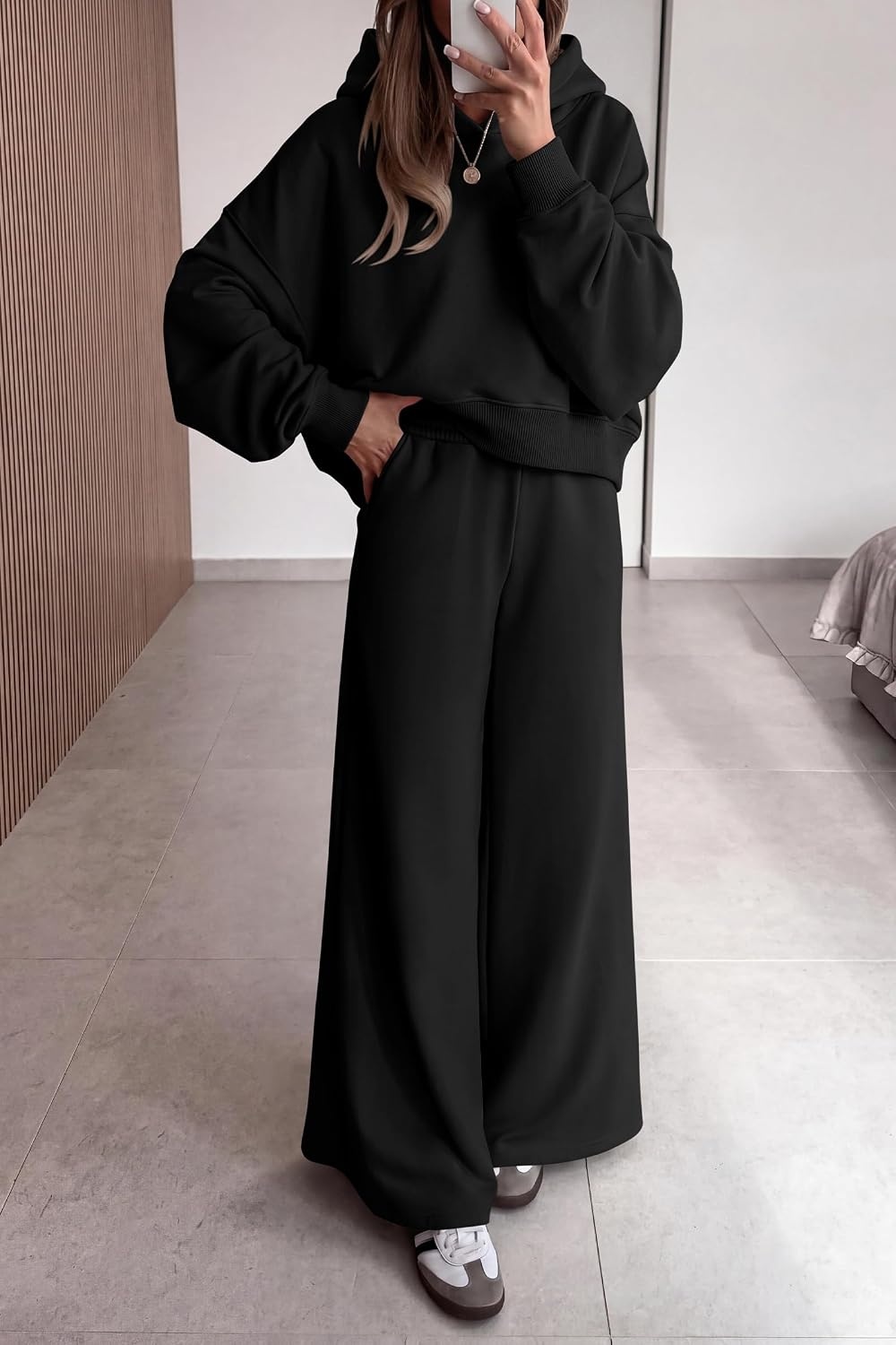 image:imagePRETTYGARDEN Women 2 Piece Hoodies Sweatpants Sweatsuits Long Sleeve Oversized Hooded Sweatshirts Cotton Wide Leg Sweatpant With Pockets Fall Workout Sets Holiday Travel OutfitsBlack