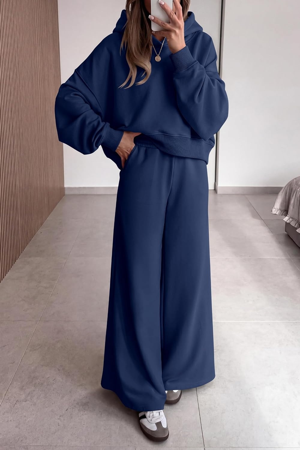 image:imagePRETTYGARDEN Women 2 Piece Hoodies Sweatpants Sweatsuits Long Sleeve Oversized Hooded Sweatshirts Cotton Wide Leg Sweatpant With Pockets Fall Workout Sets Holiday Travel OutfitsNavy Blue