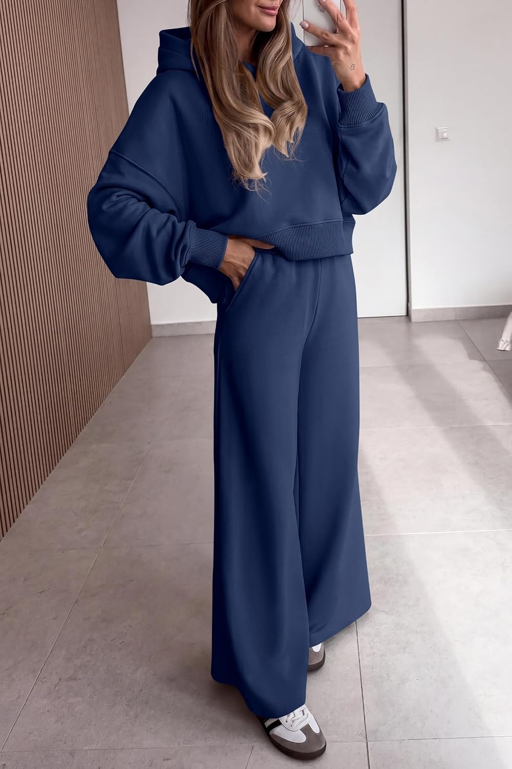 image:imagePRETTYGARDEN Women 2 Piece Hoodies Sweatpants Sweatsuits Long Sleeve Oversized Hooded Sweatshirts Cotton Wide Leg Sweatpant With Pockets Fall Workout Sets Holiday Travel OutfitsNavy Blue