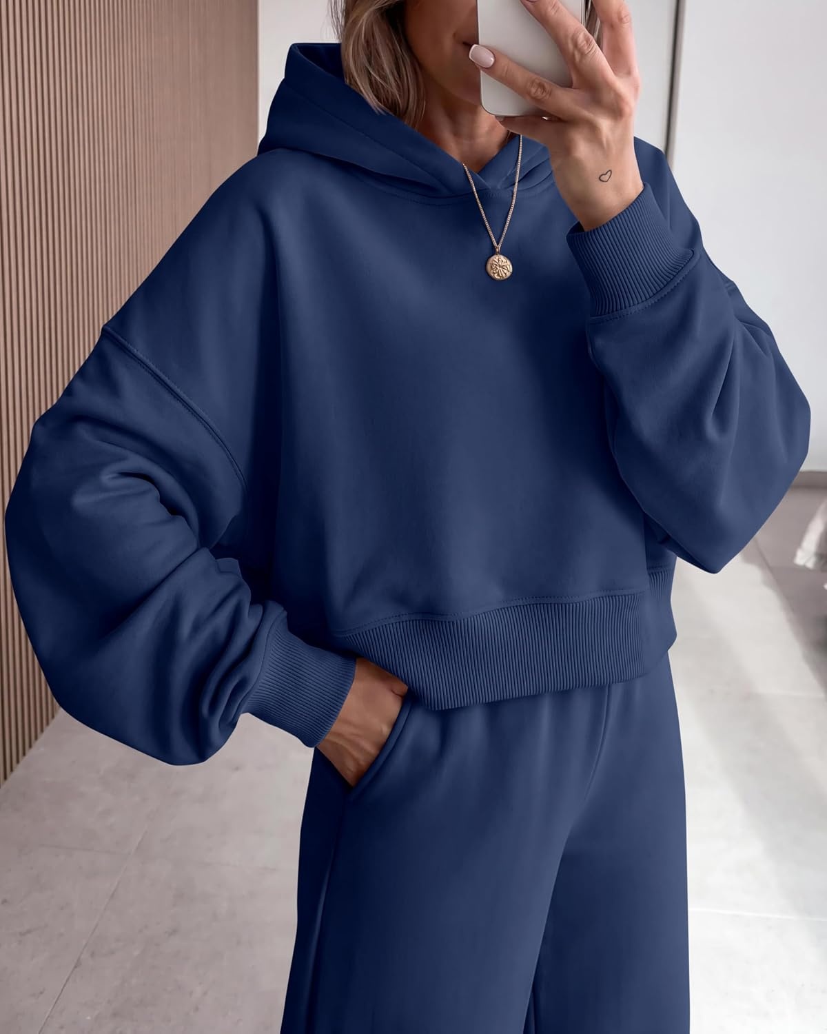 image:imagePRETTYGARDEN Women 2 Piece Hoodies Sweatpants Sweatsuits Long Sleeve Oversized Hooded Sweatshirts Cotton Wide Leg Sweatpant With Pockets Fall Workout Sets Holiday Travel OutfitsNavy Blue