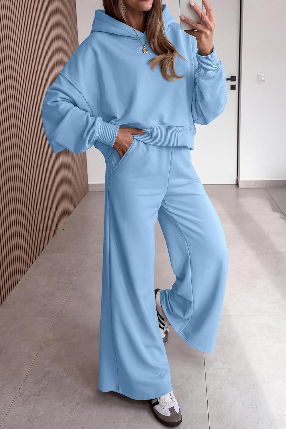 image:imagePRETTYGARDEN Women 2 Piece Hoodies Sweatpants Sweatsuits Long Sleeve Oversized Hooded Sweatshirts Cotton Wide Leg Sweatpant With Pockets Fall Workout Sets Holiday Travel OutfitsLight Blue