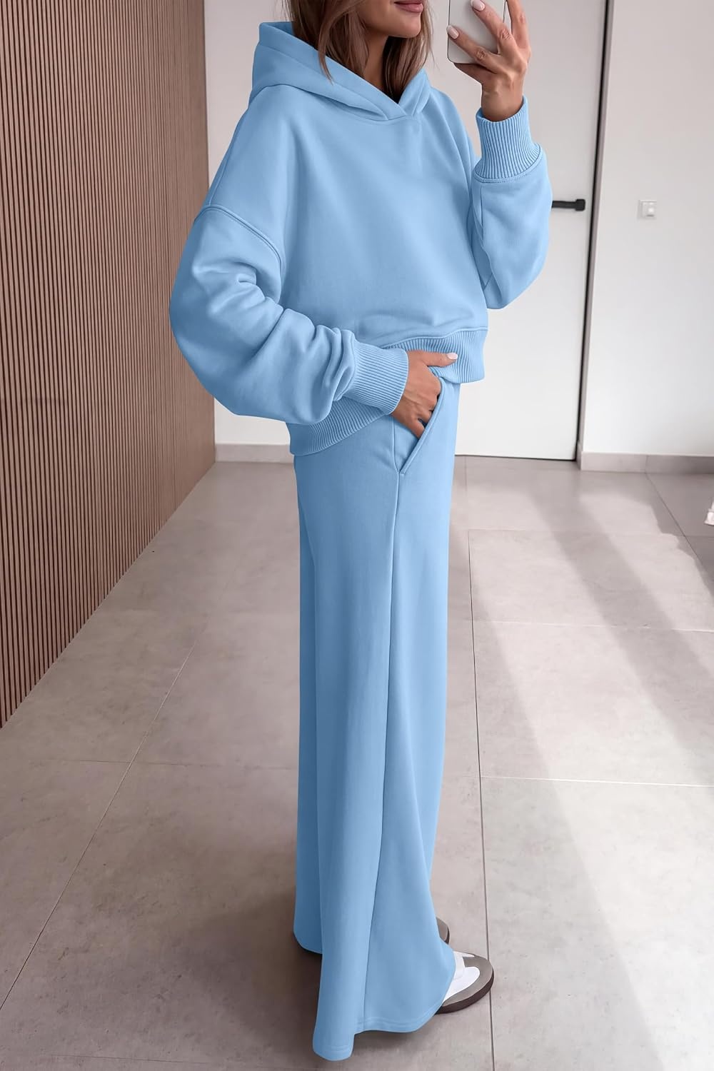 image:imagePRETTYGARDEN Women 2 Piece Hoodies Sweatpants Sweatsuits Long Sleeve Oversized Hooded Sweatshirts Cotton Wide Leg Sweatpant With Pockets Fall Workout Sets Holiday Travel OutfitsLight Blue