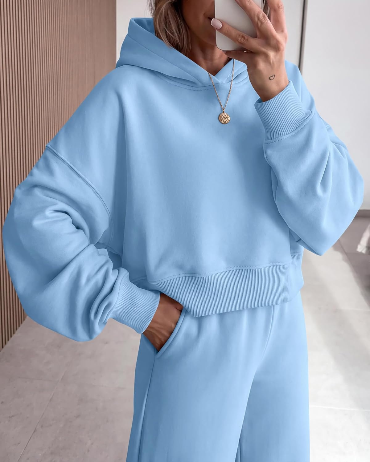 image:imagePRETTYGARDEN Women 2 Piece Hoodies Sweatpants Sweatsuits Long Sleeve Oversized Hooded Sweatshirts Cotton Wide Leg Sweatpant With Pockets Fall Workout Sets Holiday Travel OutfitsLight Blue
