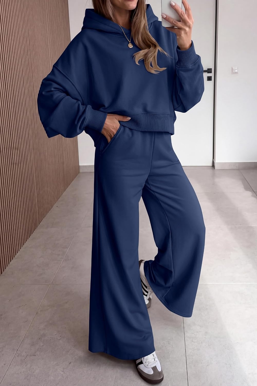 image:imagePRETTYGARDEN Women 2 Piece Hoodies Sweatpants Sweatsuits Long Sleeve Oversized Hooded Sweatshirts Cotton Wide Leg Sweatpant With Pockets Fall Workout Sets Holiday Travel OutfitsNavy Blue