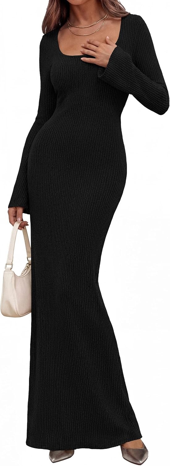 image:imagePRETTYGARDEN Womens Fall Long Sleeve Maxi Bodycon Dresses Soft Stretchy Ribbed Knit Bell Sleeve Square Neck Mermaid Elegant Long Dress Wedding Guest Party 2026 Winter ClothingBlack