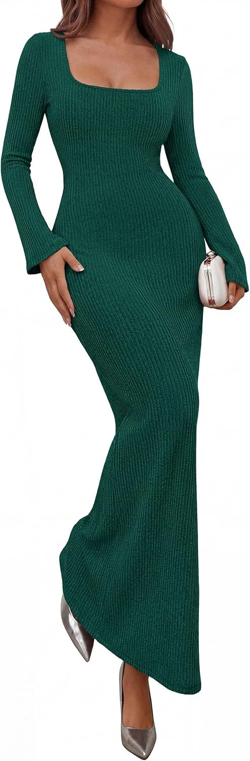 image:imagePRETTYGARDEN Womens Fall Long Sleeve Maxi Bodycon Dresses Soft Stretchy Ribbed Knit Bell Sleeve Square Neck Mermaid Elegant Long Dress Wedding Guest Party 2026 Winter ClothingDark Green