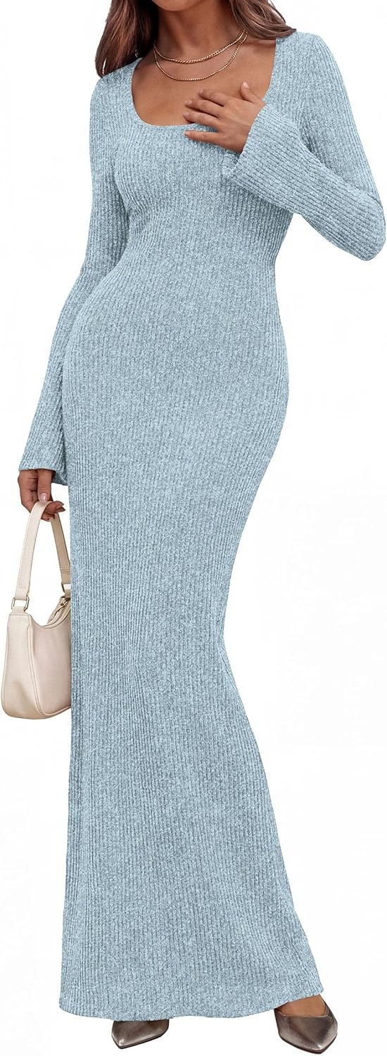 image:imagePRETTYGARDEN Womens Fall Long Sleeve Maxi Bodycon Dresses Soft Stretchy Ribbed Knit Bell Sleeve Square Neck Mermaid Elegant Long Dress Wedding Guest Party 2026 Winter ClothingLight Blue