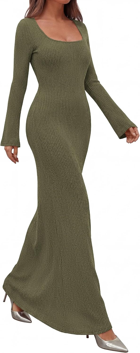 image:imagePRETTYGARDEN Womens Fall Long Sleeve Maxi Bodycon Dresses Soft Stretchy Ribbed Knit Bell Sleeve Square Neck Mermaid Elegant Long Dress Wedding Guest Party 2026 Winter ClothingArmy Green