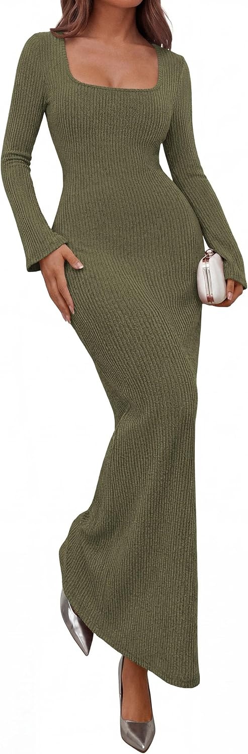 image:imagePRETTYGARDEN Womens Fall Long Sleeve Maxi Bodycon Dresses Soft Stretchy Ribbed Knit Bell Sleeve Square Neck Mermaid Elegant Long Dress Wedding Guest Party 2026 Winter ClothingArmy Green