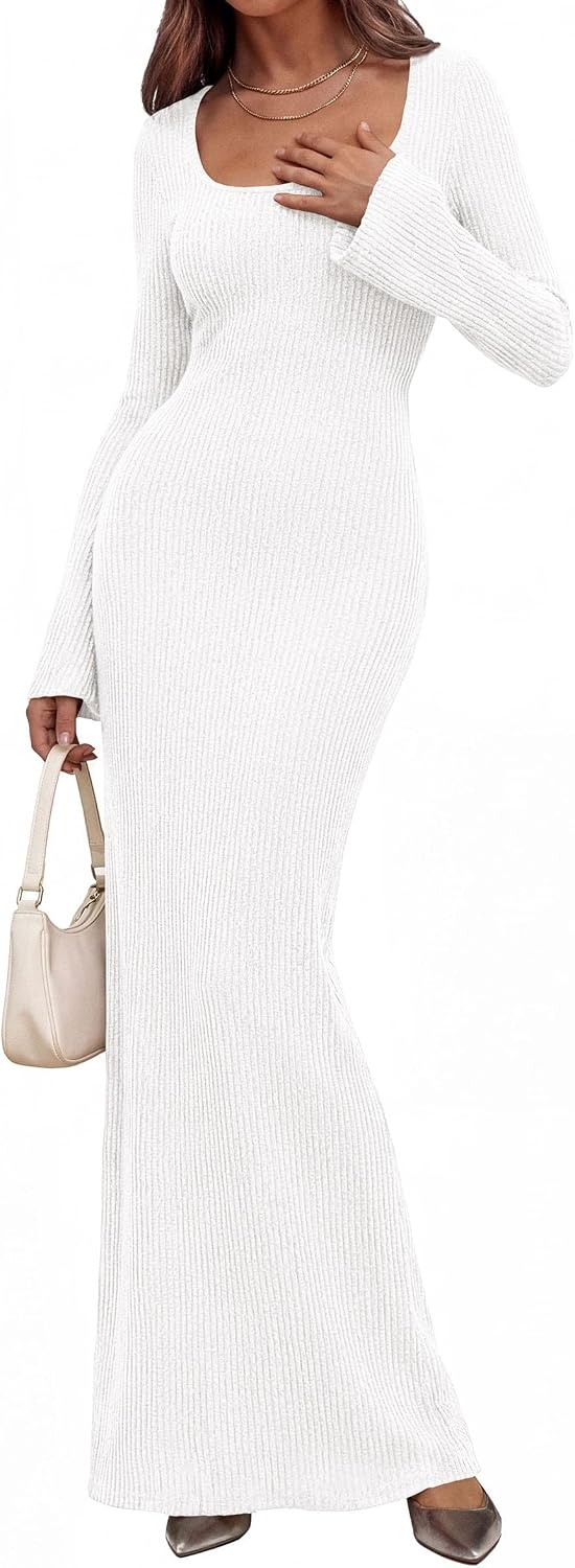 image:imagePRETTYGARDEN Womens Fall Long Sleeve Maxi Bodycon Dresses Soft Stretchy Ribbed Knit Bell Sleeve Square Neck Mermaid Elegant Long Dress Wedding Guest Party 2026 Winter ClothingWhite