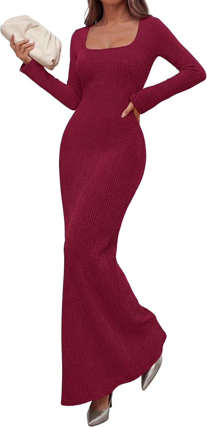 image:imagePRETTYGARDEN Womens Fall Long Sleeve Maxi Bodycon Dresses Soft Stretchy Ribbed Knit Bell Sleeve Square Neck Mermaid Elegant Long Dress Wedding Guest Party 2026 Winter ClothingBurgundy