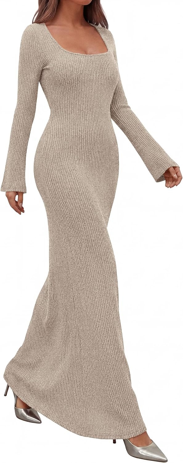 image:imagePRETTYGARDEN Womens Fall Long Sleeve Maxi Bodycon Dresses Soft Stretchy Ribbed Knit Bell Sleeve Square Neck Mermaid Elegant Long Dress Wedding Guest Party 2026 Winter ClothingApricot