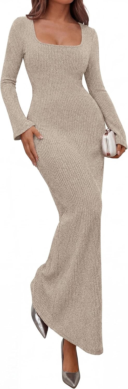 image:imagePRETTYGARDEN Womens Fall Long Sleeve Maxi Bodycon Dresses Soft Stretchy Ribbed Knit Bell Sleeve Square Neck Mermaid Elegant Long Dress Wedding Guest Party 2026 Winter ClothingApricot