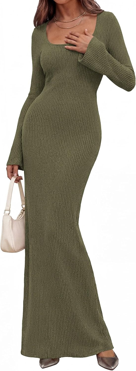 image:imagePRETTYGARDEN Womens Fall Long Sleeve Maxi Bodycon Dresses Soft Stretchy Ribbed Knit Bell Sleeve Square Neck Mermaid Elegant Long Dress Wedding Guest Party 2026 Winter ClothingArmy Green