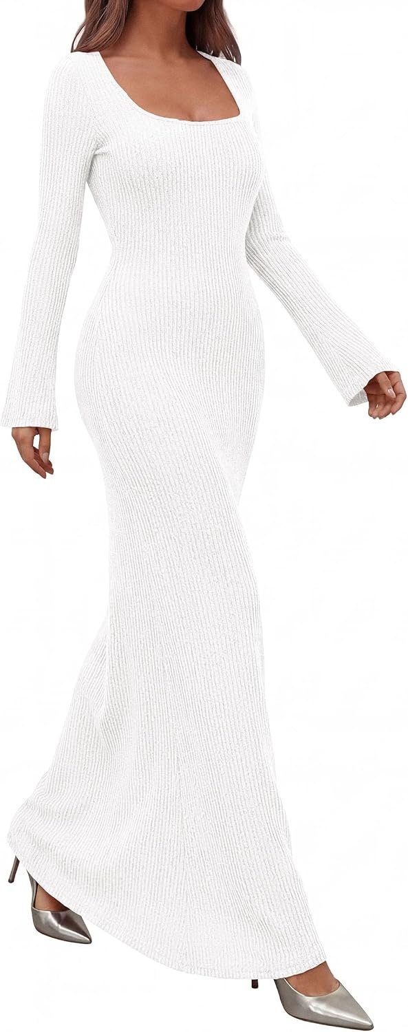 image:imagePRETTYGARDEN Womens Fall Long Sleeve Maxi Bodycon Dresses Soft Stretchy Ribbed Knit Bell Sleeve Square Neck Mermaid Elegant Long Dress Wedding Guest Party 2026 Winter ClothingWhite
