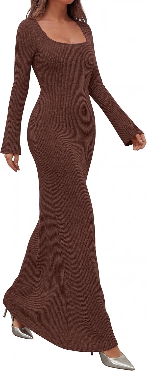 image:imagePRETTYGARDEN Womens Fall Long Sleeve Maxi Bodycon Dresses Soft Stretchy Ribbed Knit Bell Sleeve Square Neck Mermaid Elegant Long Dress Wedding Guest Party 2026 Winter ClothingCoffee